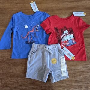 NWT Cat & Jack BABY Boy Shirt Short Set Dinosaur Firetruck Gray Size 12 month